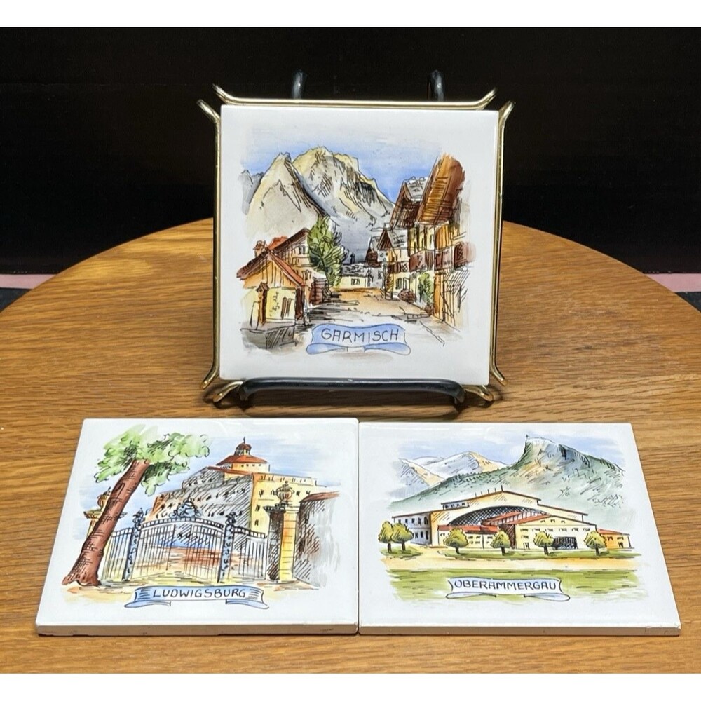 Sommer 4.25" Ceramic Tiles/Trivets Garmisch Oberammergau Ludwigsburg Germany Vtg